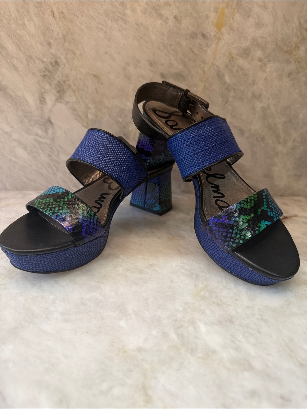 Sam Edelman Keira sandal, Blue & Green Snake-Print platform Heels, like new. 6.5